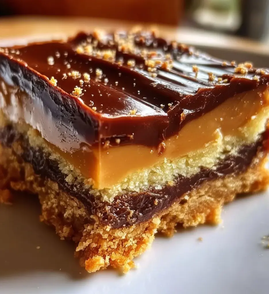 Delicious Biscoff Millionaires Shortbread with caramel and chocolate layers