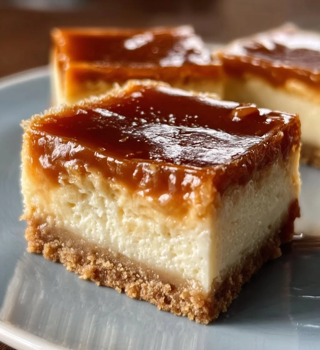 Dulce de leche cheesecake bars with a golden caramel drizzle on top.