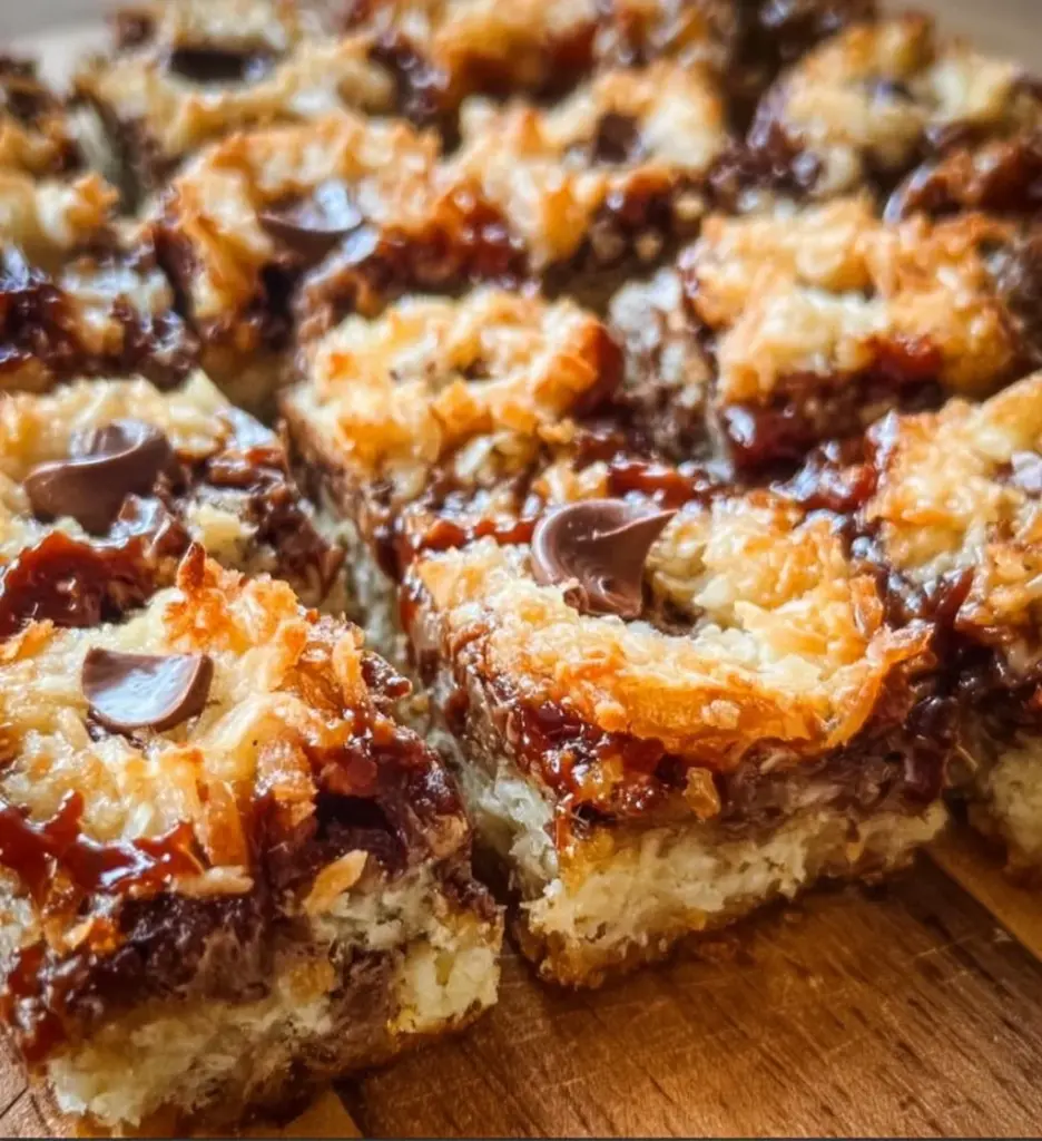 Easy homemade 7 layer bars with chocolate, coconut, and nuts.