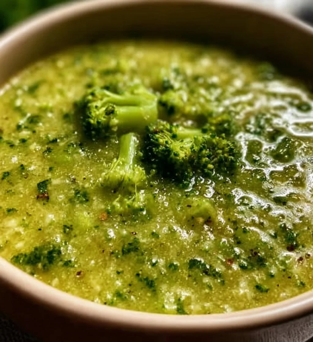 Bowl of easy Italian garlic broccoli soup garnished with fresh herbs