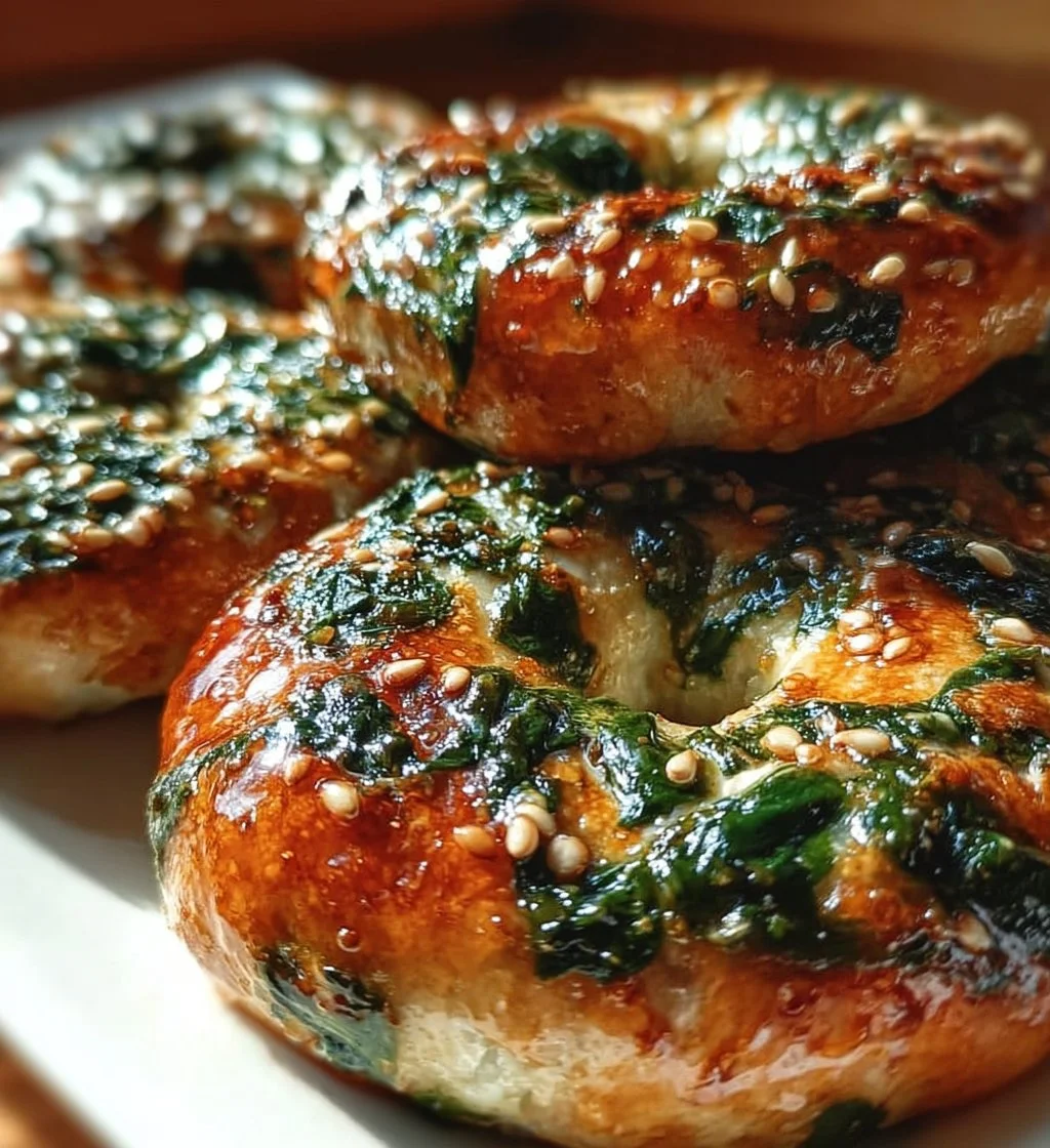 Easy spinach cottage cheese flat bagels served on a plate with herbs.