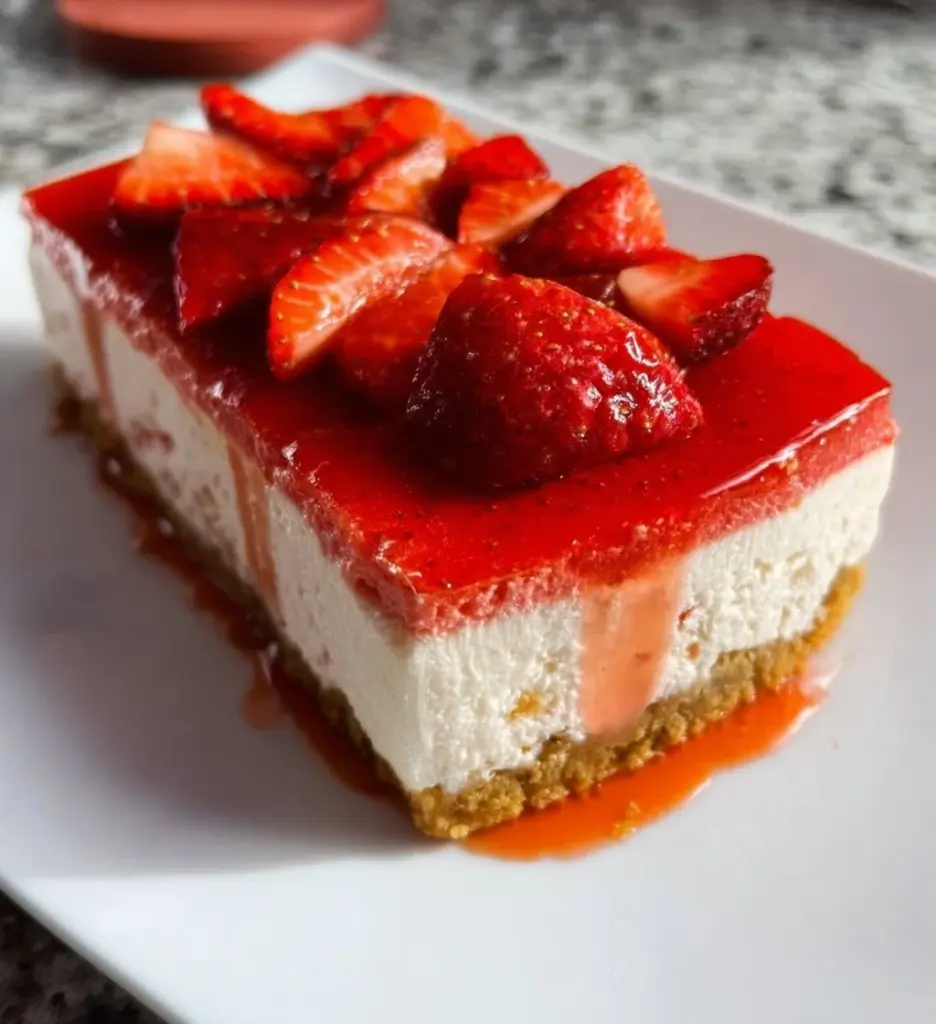 Easy vegan strawberry cheesecake topped with fresh strawberries and almond crust