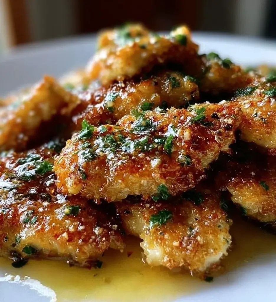 Crispy lemon pecorino chicken garnished with fresh herbs