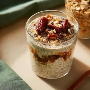Filling Date Overnight Oats with Chia Seeds topped with nuts and fruits