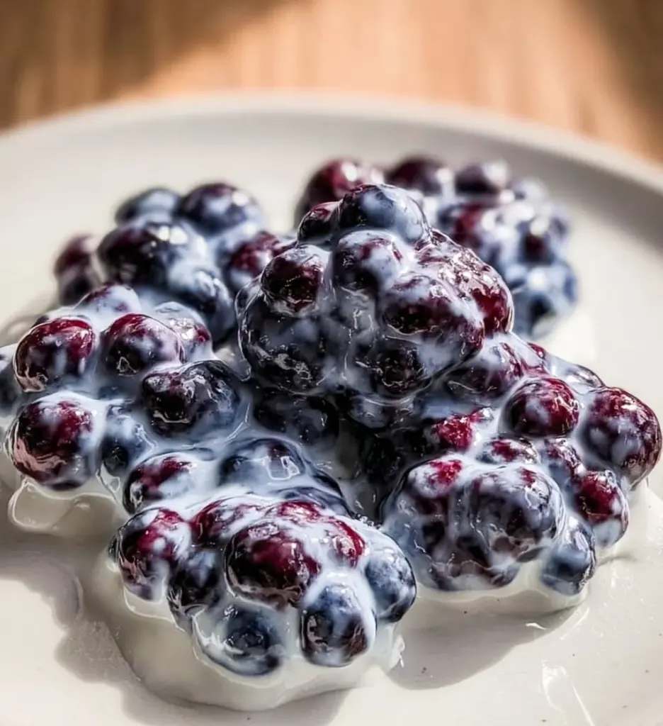 Frozen blueberry Greek yogurt clusters on a white plate