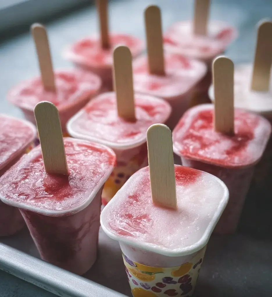 Assorted frozen yogurt pops in various flavors and colors.