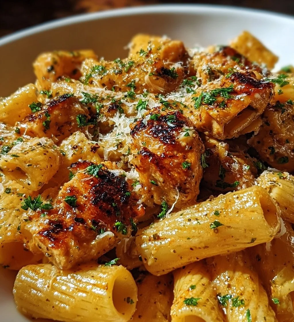 Plate of Garlic Butter Chicken with Rigatoni and Parmesan cheese