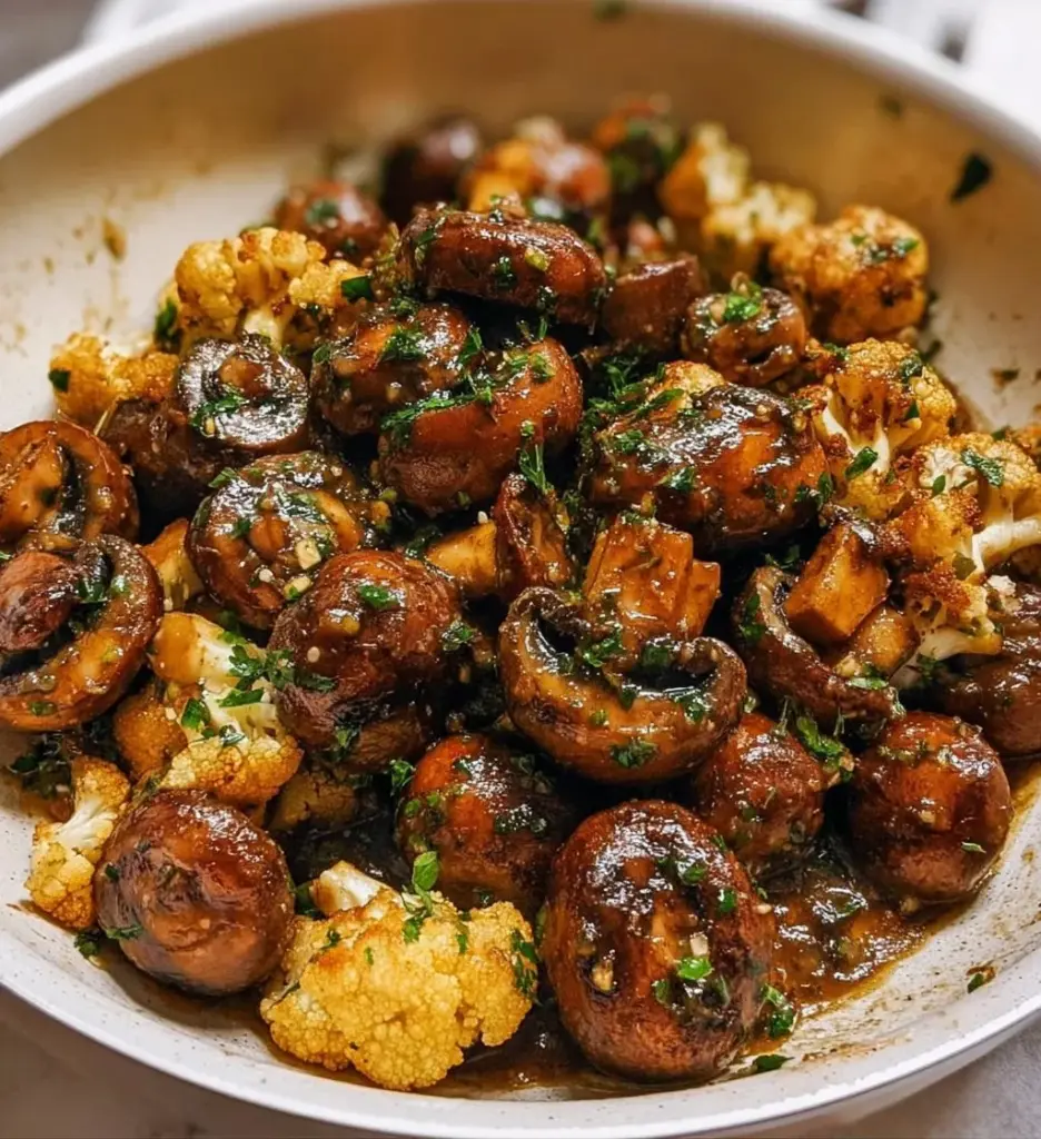 Garlic butter mushrooms and cauliflower skillet dish garnished with fresh herbs