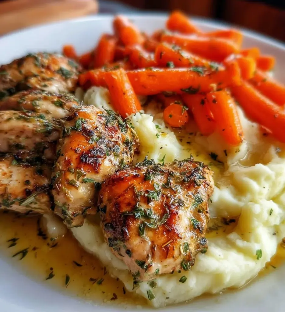 Garlic herb chicken served with mashed potatoes and glazed carrots.