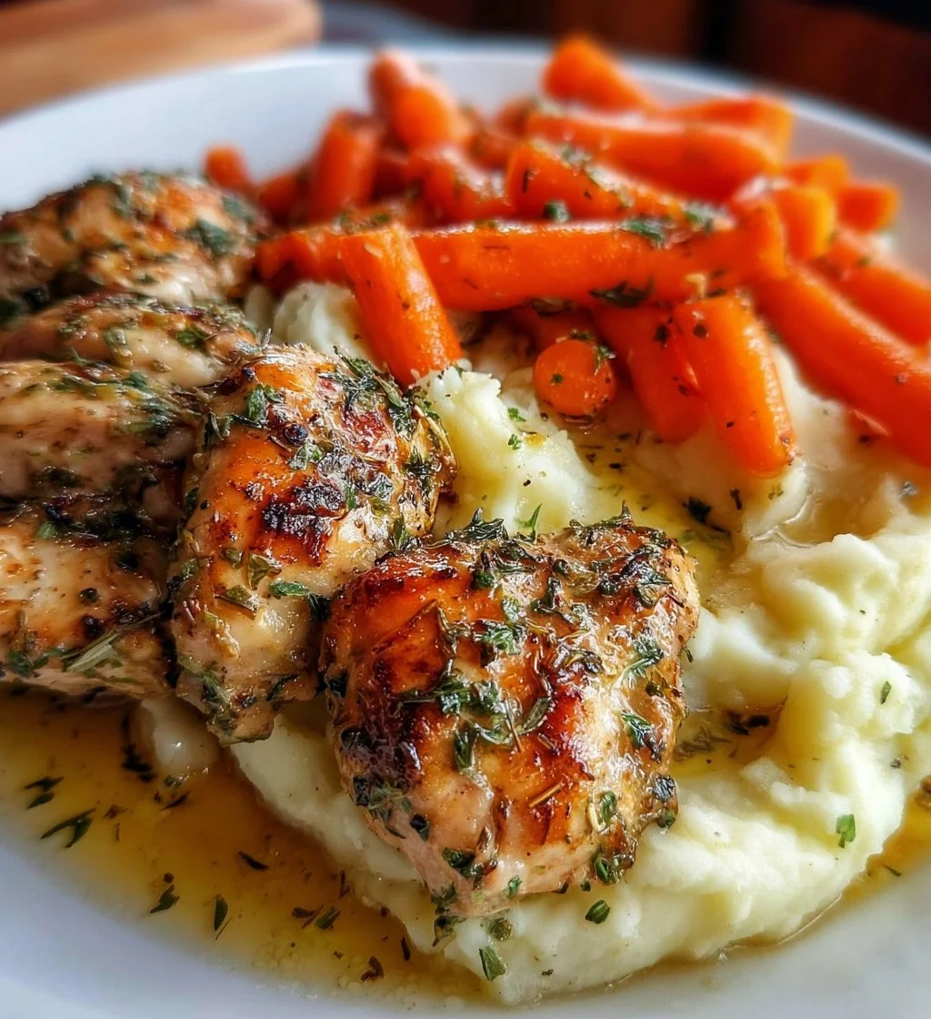 Garlic herb chicken served with mashed potatoes and glazed carrots.