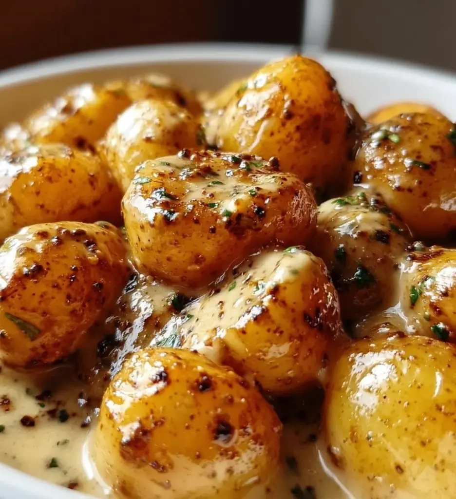Delicious garlic sauce baby potatoes served in a bowl