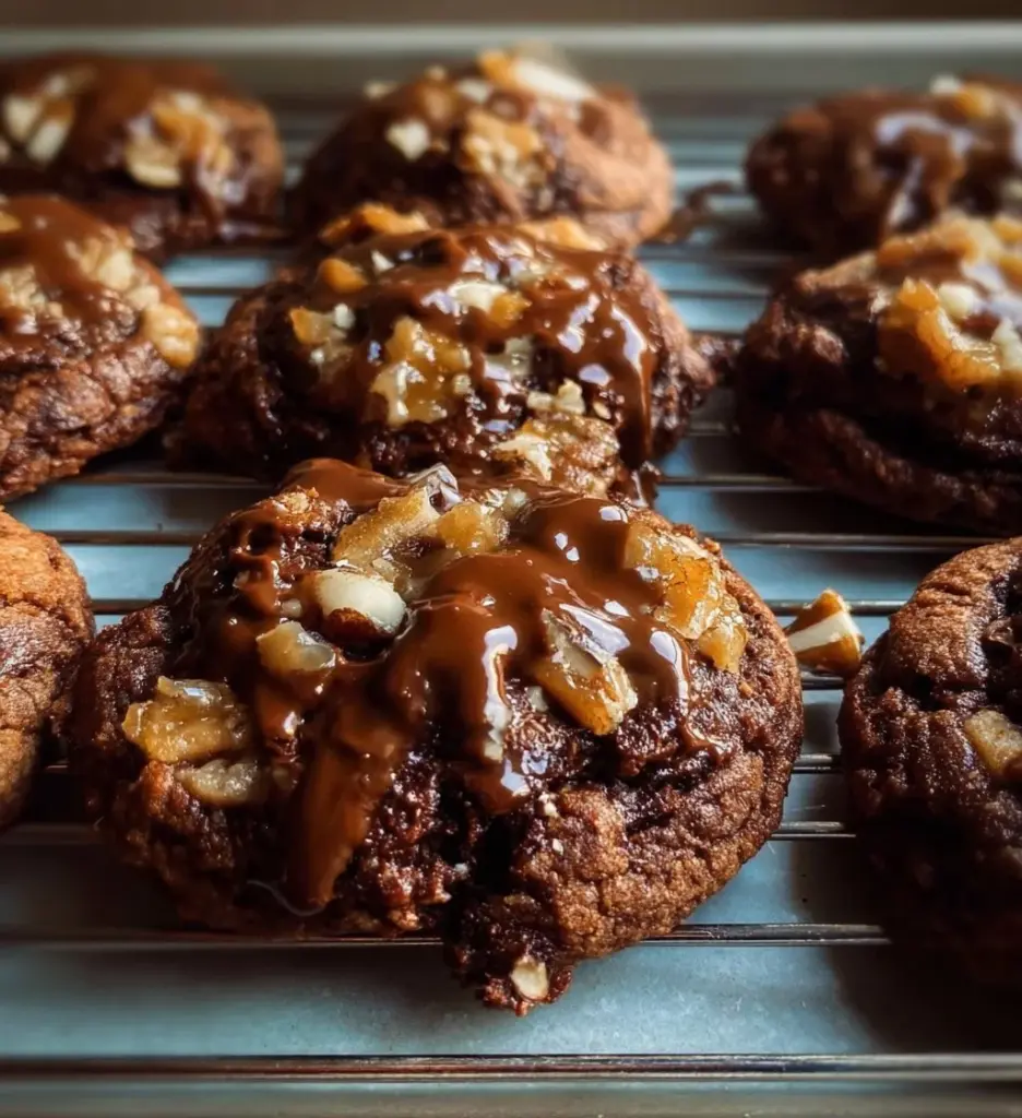 Freshly baked German Chocolate Cookies topped with coconut and pecan frosting