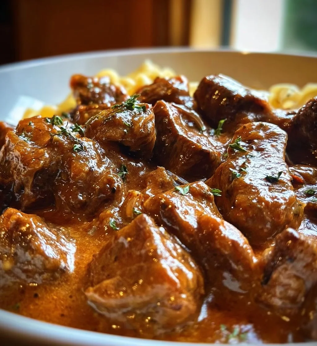 Delicious Gordon Ramsay-style Beef Stroganoff served with egg noodles