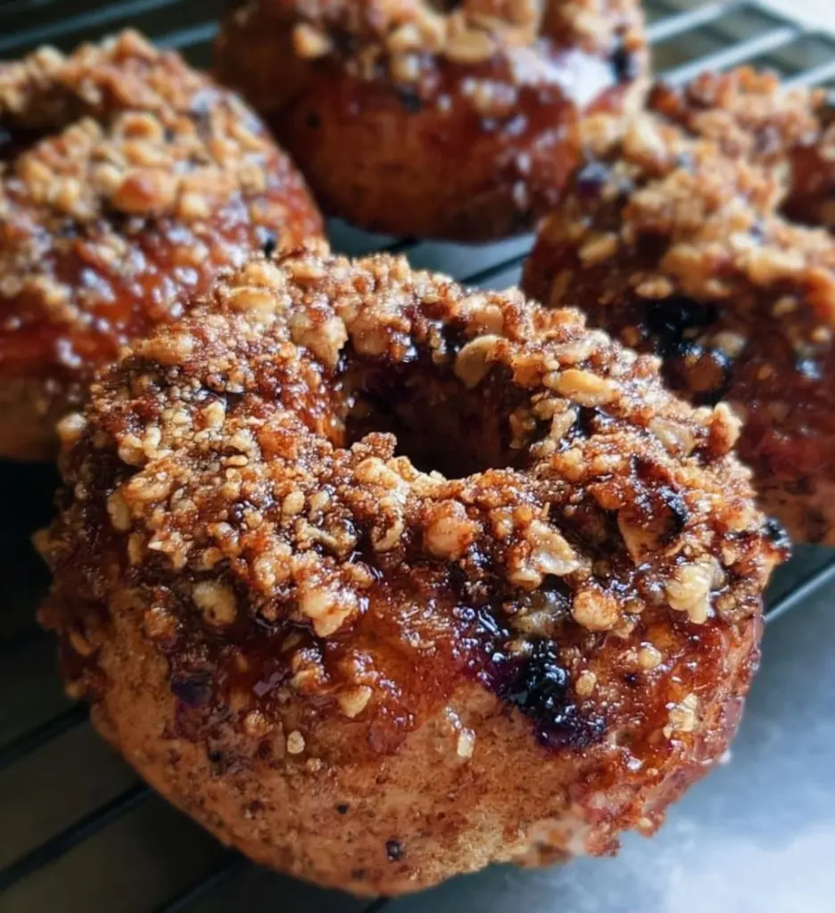 Greek Yogurt Blueberry Crunch Bagels with fresh blueberries and yogurt topping