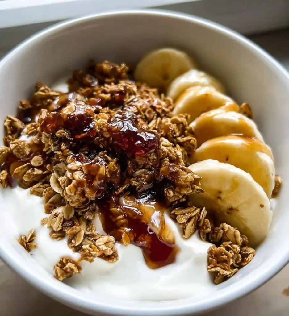 Healthy Greek Yogurt Granola Bowl topped with fruits and nuts