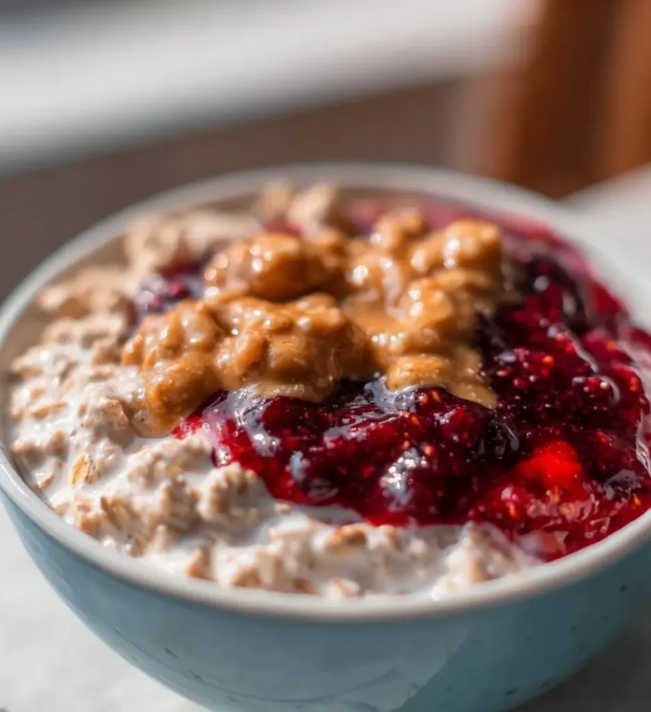 Bowl of Greek yogurt oatmeal topped with fruits and nuts