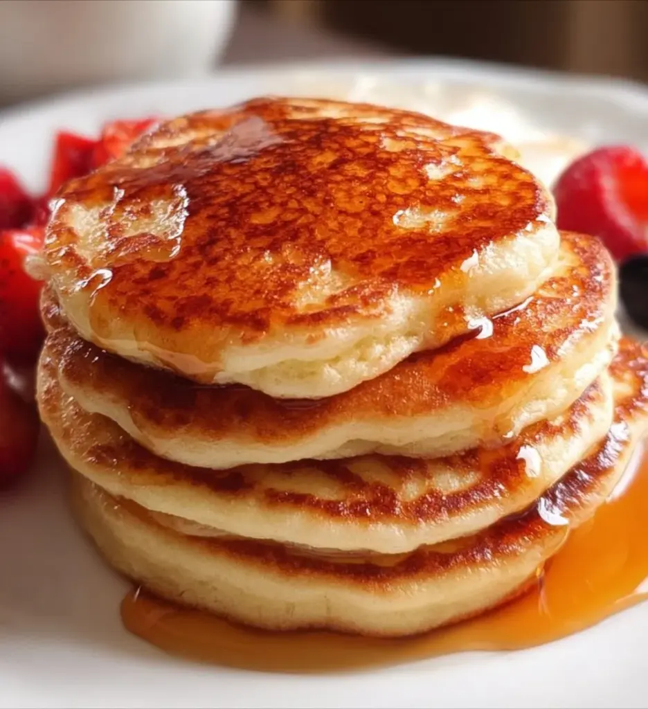 Fluffy Greek yogurt pancakes stacked on a plate with berries