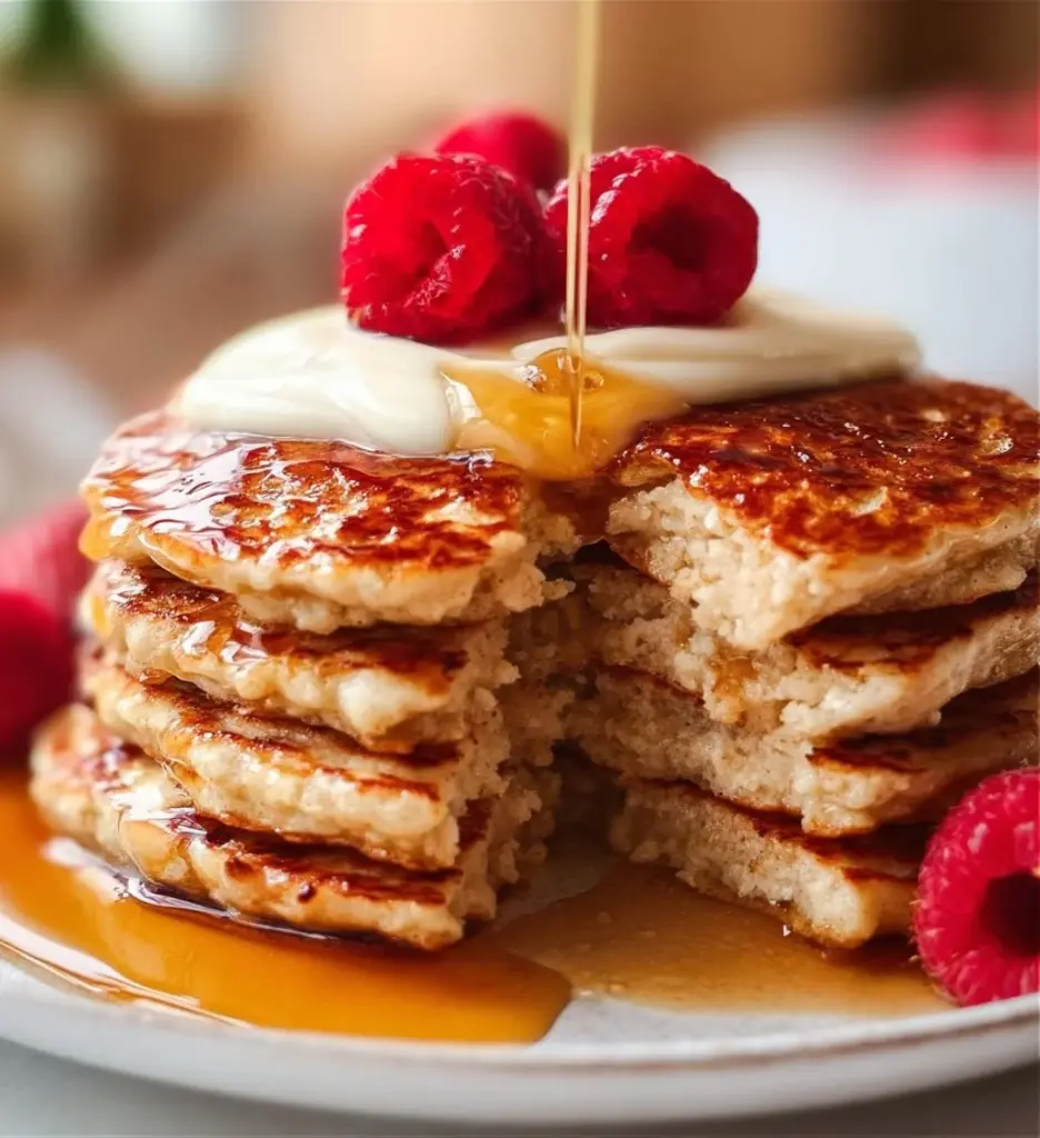 Fluffy Greek yogurt protein pancakes topped with fresh berries and syrup