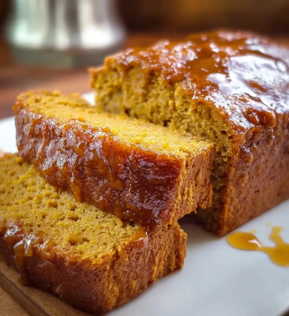 Sliced Greek yogurt pumpkin bread on a wooden table with spices and a pumpkin