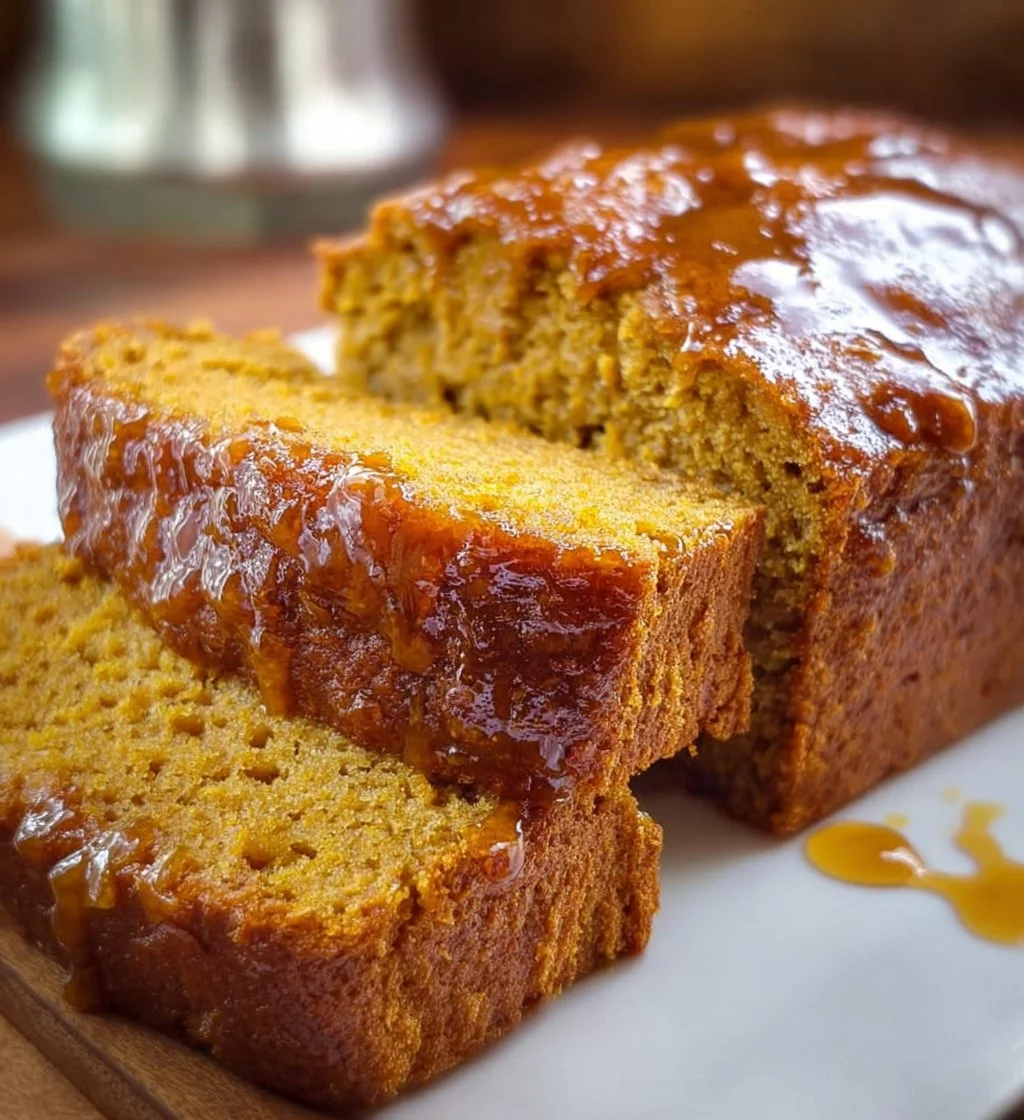 Sliced Greek yogurt pumpkin bread on a wooden table with spices and a pumpkin