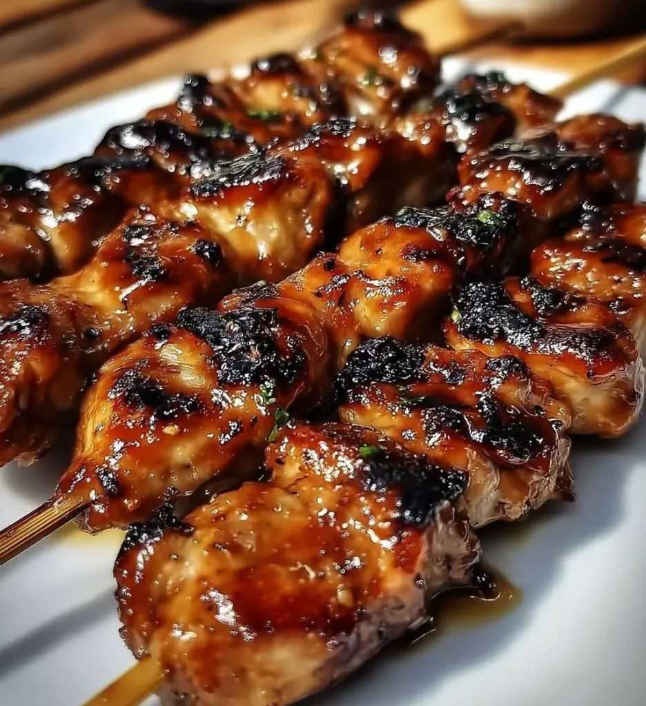 Grilled chicken yakitori skewers served on a plate with dipping sauce