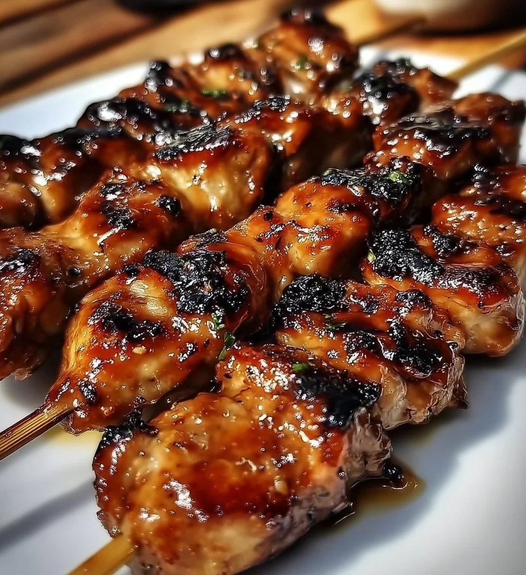 Grilled chicken yakitori skewers served on a plate with dipping sauce
