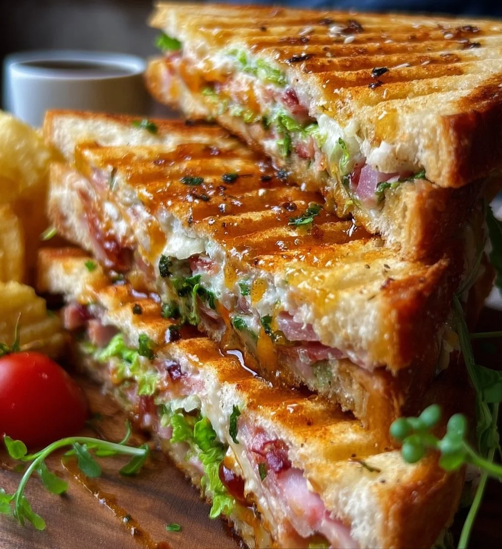 Grilled Club Sandwich stacked with turkey, bacon, and fresh lettuce