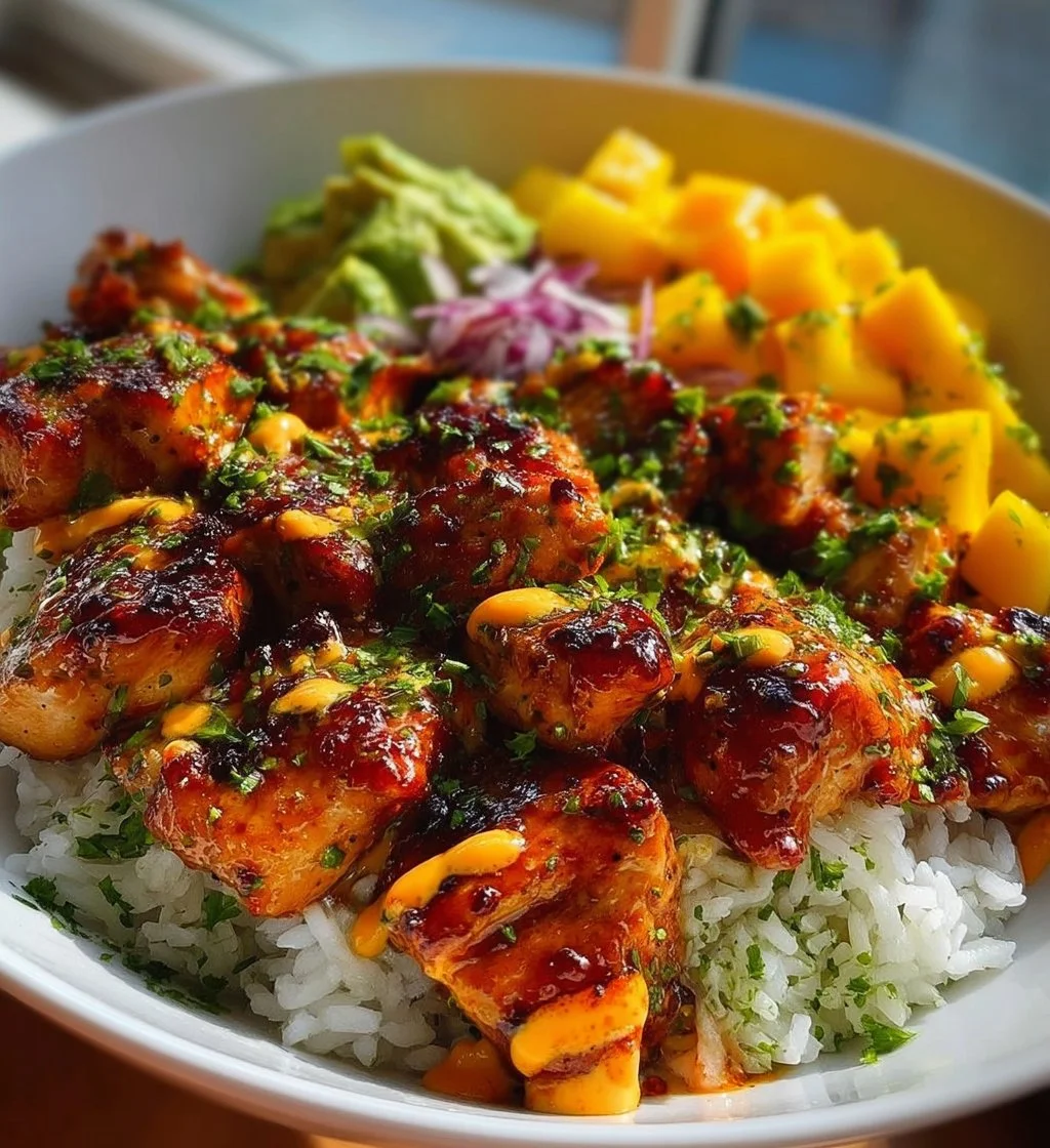 Delicious grilled maple sriracha chicken bites served with coconut rice and mango salsa