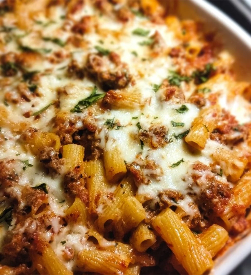 Ground Beef Cottage Cheese Pasta Bake with cheese topping and herbs