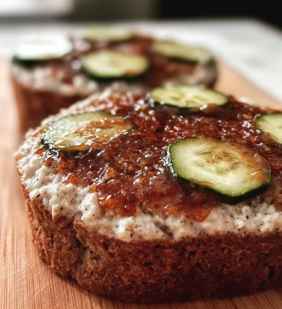 Sliced healthy banana bread with nuts and sliced bananas on a wooden cutting board