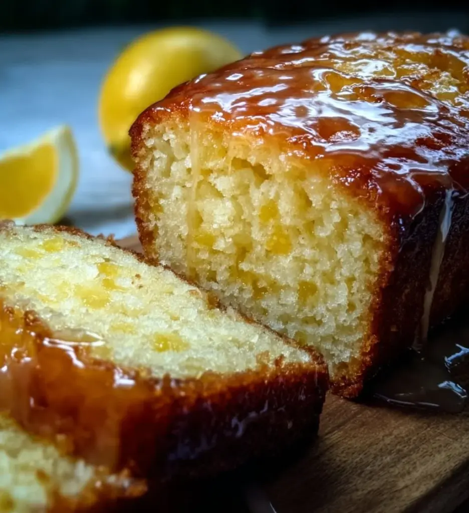 Healthy Greek yogurt lemon loaf cake served on a plate with a lemon garnish