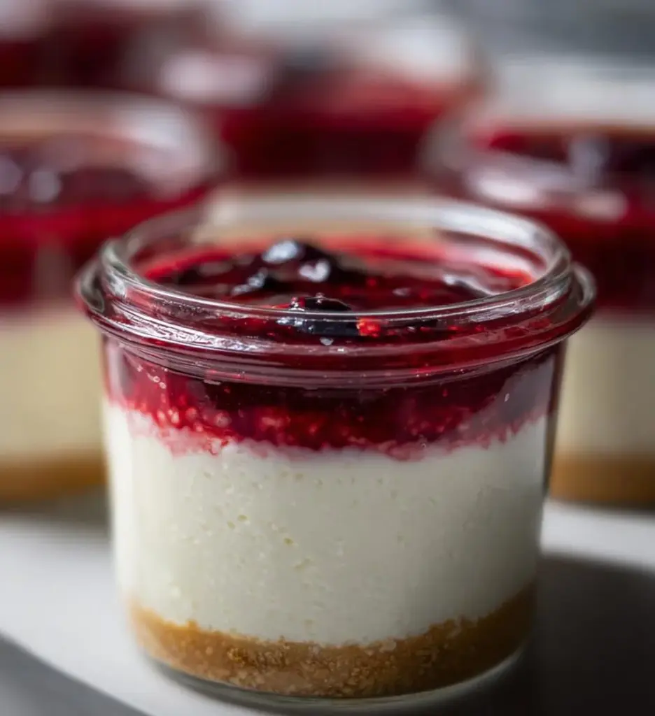 Healthy protein cheesecake jars stacked with layers of creamy goodness