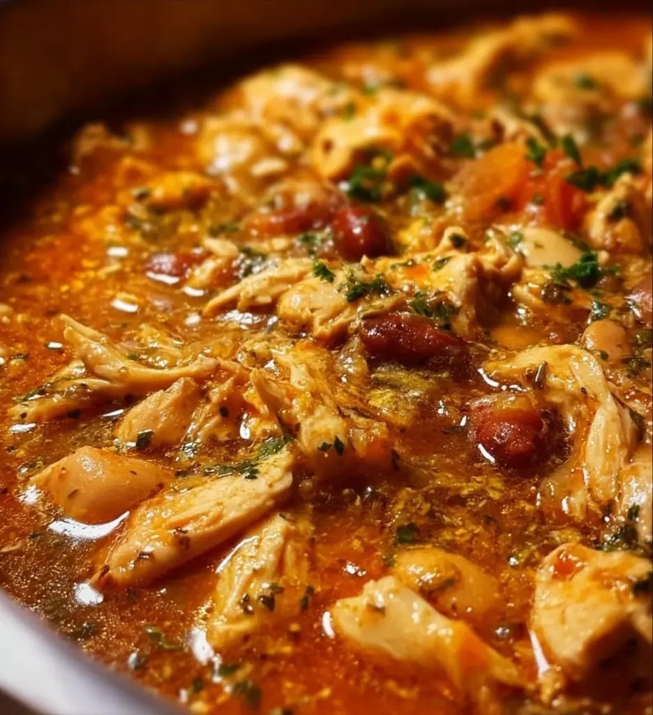 Bowl of hearty Cajun White Chicken Chili topped with herbs and spices