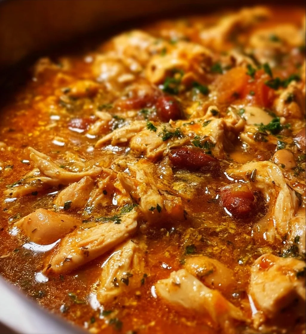 Bowl of hearty Cajun White Chicken Chili topped with herbs and spices