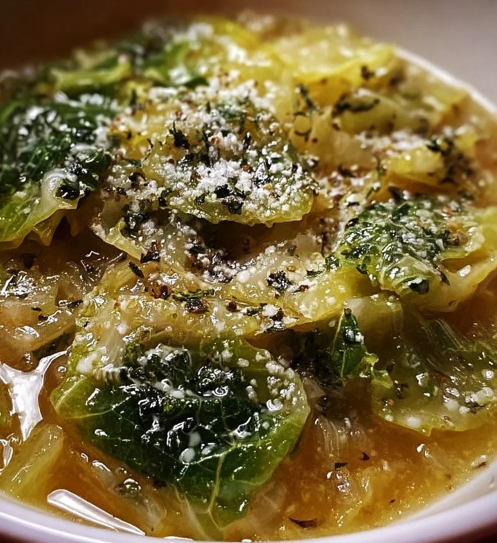 Herby cabbage simmering in a rich parmesan broth garnished with herbs