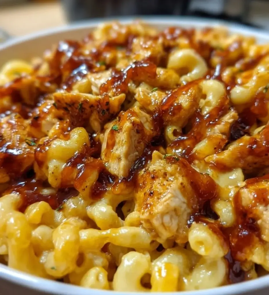 High-protein honey BBQ chicken mac & cheese served in a bowl