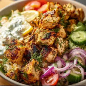 High Protein Mediterranean Lemon-Dill Chicken Bowls with fresh ingredients
