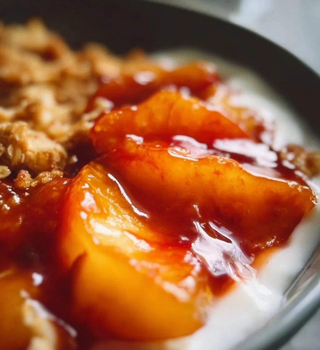 High-protein peach cobbler Greek yogurt bowl topped with fresh peaches and granola