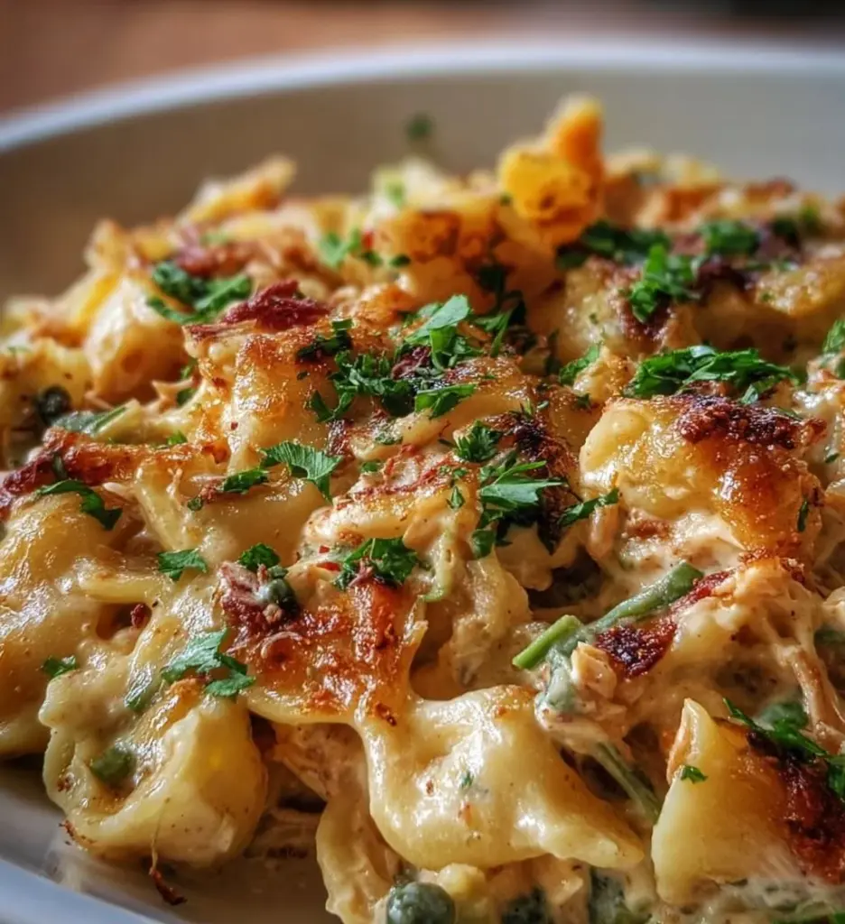 High-protein tuna casserole topped with Greek yogurt sauce in a baking dish.