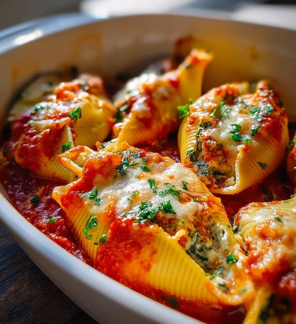 Delicious homemade cottage cheese stuffed shells ready to be served