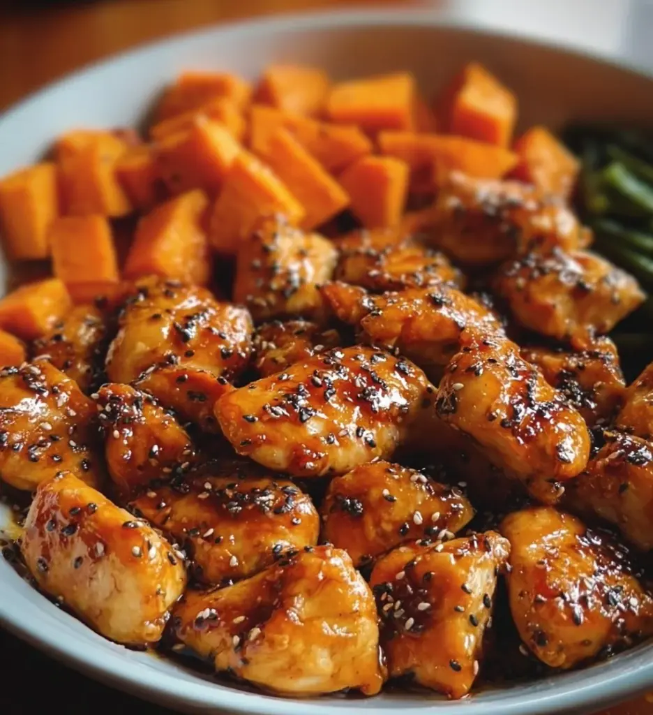 Honey Garlic Chicken with roasted sweet potatoes dish on a plate