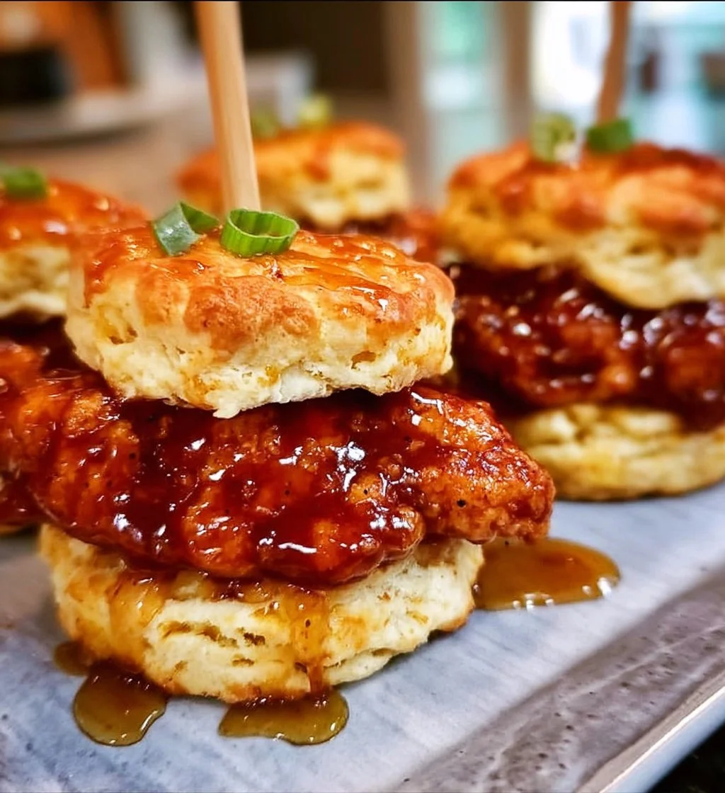 Delicious hot honey chicken biscuits served on a wooden platter