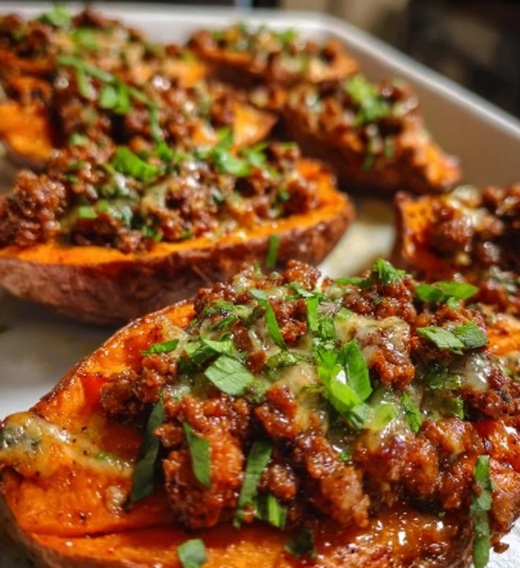 Hot honey ground beef in roasted sweet potato boats for a flavorful dish.