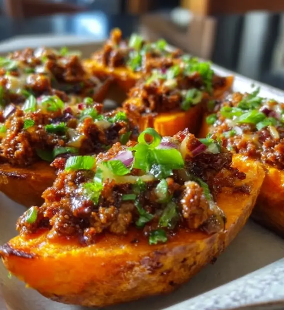 Hot honey ground beef stuffed in sweet potato boats for a delightful meal.