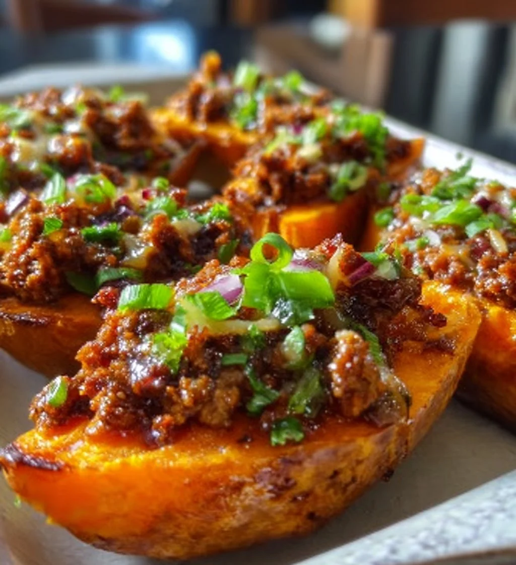 Hot honey ground beef stuffed in sweet potato boats for a delightful meal.