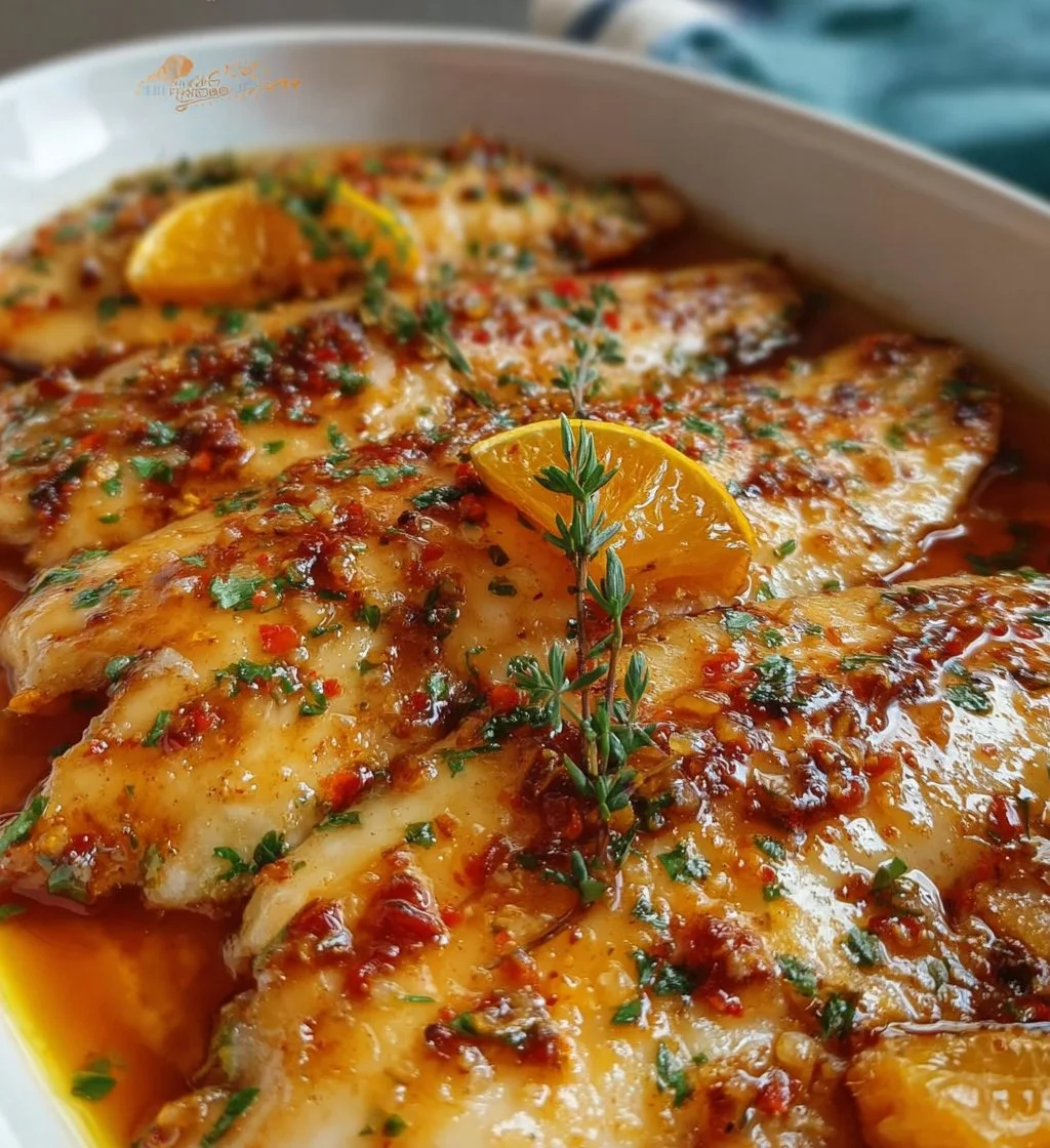 Baked sole fish with herbs and lemon on a plate