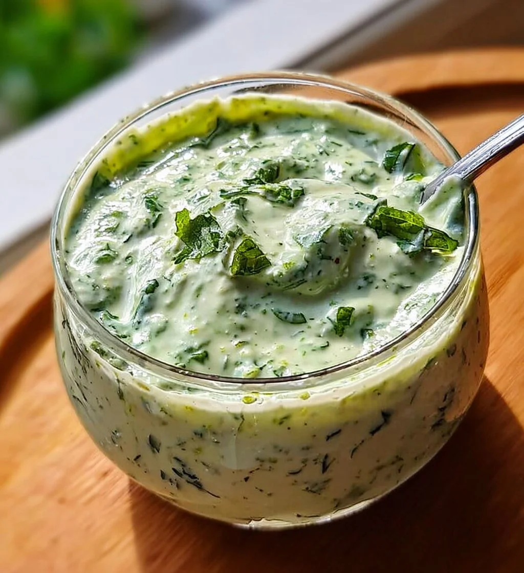 Bowl of Indian mint yogurt sauce with fresh mint leaves and spices