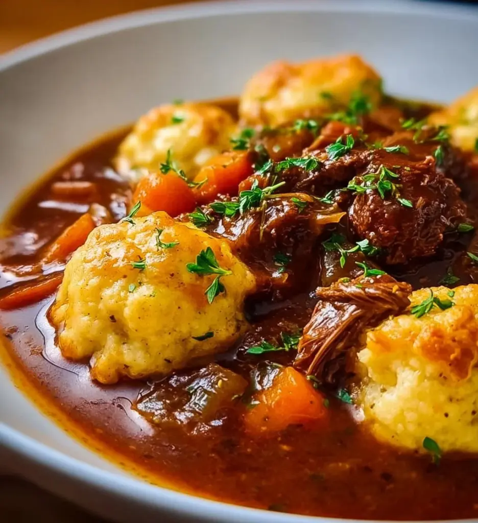 Delicious Irish stew topped with cheddar dumplings in a rustic bowl