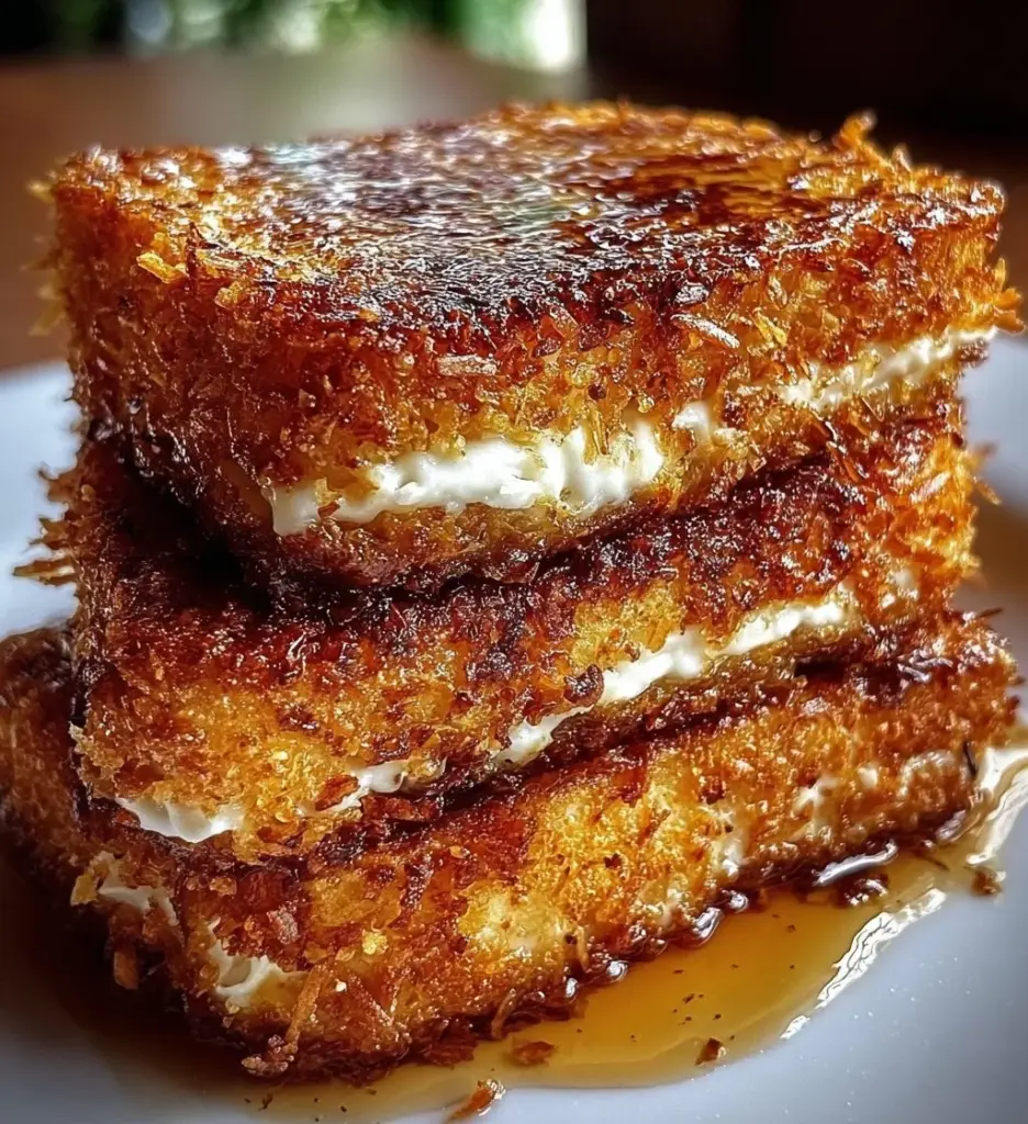 Coconut Crusted Stuffed French Toast topped with fresh fruit and syrup