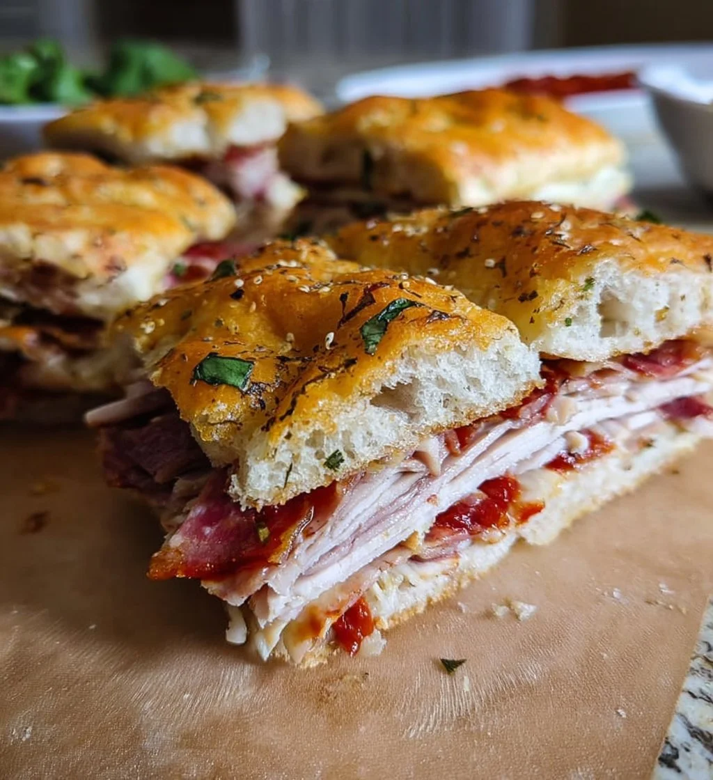Italian Turkey Focaccia Sandwiches with fresh ingredients and savory toppings
